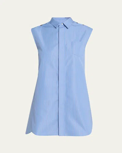 Sacai Chiffon Godet Striped Poplin Mini Shirtdress In Blue