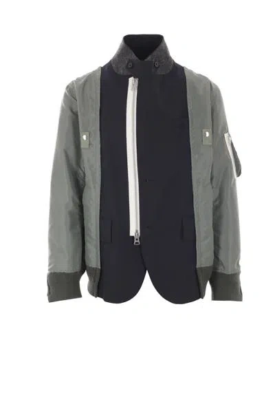 Sacai Notched Lapels Contrast Panels Regular Fit Woven Jacket In Dark Navy+khaki