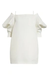 Shop Sacai Cold Shoulder Silk & Cotton Double Face Shift Dress In Off White