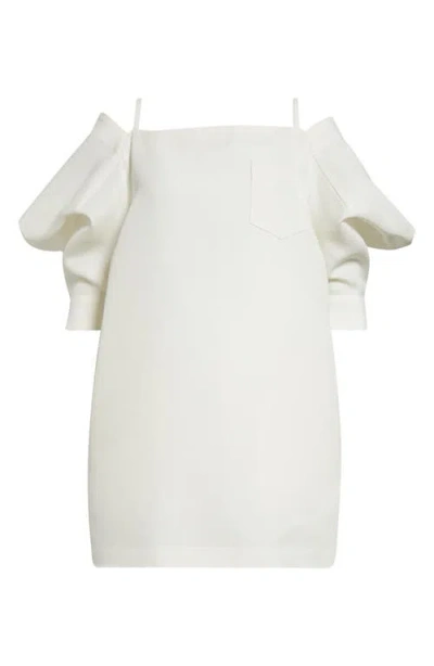 Sacai Cold Shoulder Silk & Cotton Double Face Shift Dress In Off White