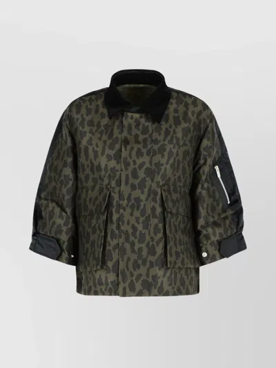 Sacai Collared Animal Print Jacket With Zip Pocket In Brown