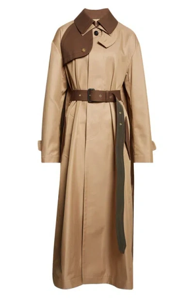 Sacai Colorblock Cotton Blend Gabardine Trench Coat In Brown