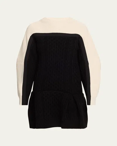 Sacai Colorblock Long-sleeve Wool Mini Dress In Black X Off White