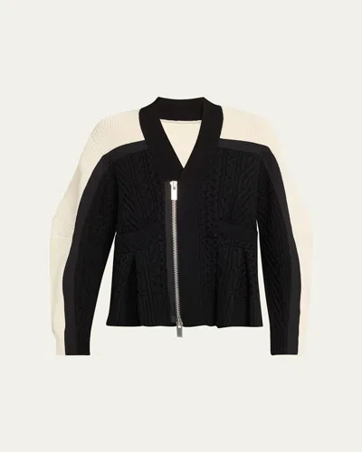 Sacai Colorblock Zip-front Cable Wool Cardigan In Black X Off White