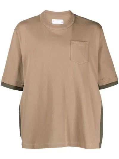 Sacai Colour-block Cotton T-shirt In Brown