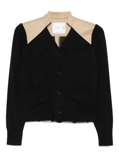 Sacai Contrast-panel Gabardine Cardigan In Black