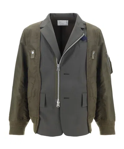 Sacai Contrast-panel Zip-up Long-sleeved Jacket In Black
