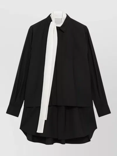 Sacai Layered Mini Chemisier Dress With Removable Contrast Scarf In Black