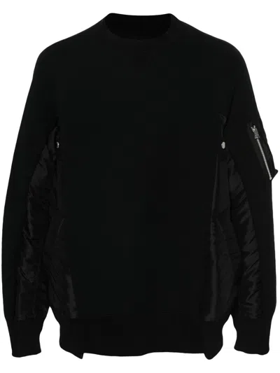 Sacai Cotton And Nylon Crewneck Sweater In Black