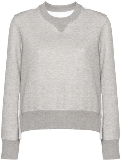 Sacai Cotton And Nylon Crewneck Sweater In Gray