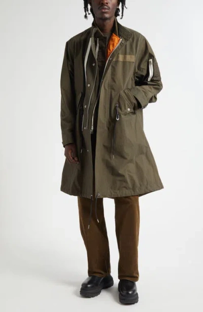 Sacai Cotton & Nylon Ripstop Coat In Green
