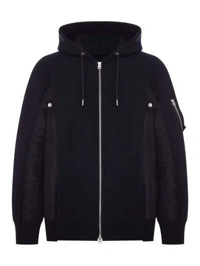 Sacai Cotton And Nylon Zip-up Hoodie In Blue