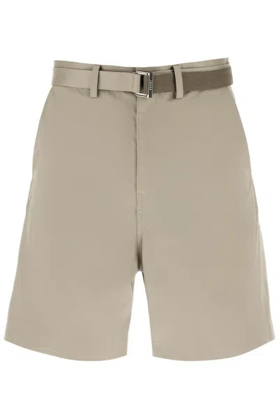 Sacai Cotton Belted Shorts For Men In Khaki In Tan