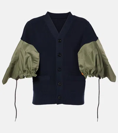 Sacai Cotton-blend And Twill Cardigan In Navy Khaki