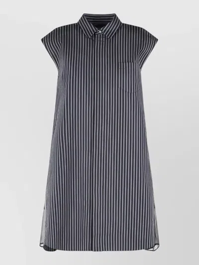 Sacai Cotton Blend Dress Cap Sleeves Stripes Chest Pocket In Blue