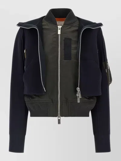 Sacai Cotton Blend Hooded Bomber Jacket In Blue