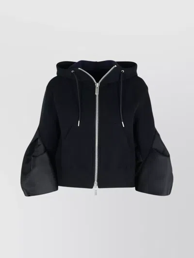 Sacai Cotton Blend Hooded Sweatshirt With Contrast Sleeves In Black
