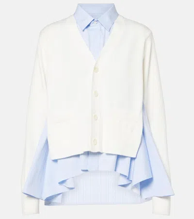 Sacai Cotton-blend Poplin Cardigan In Off White Blue