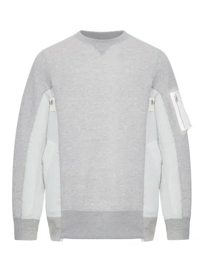 SACAI COTTON BLEND SWEATSHIRT WITH NYLON DETAILS APPLIED