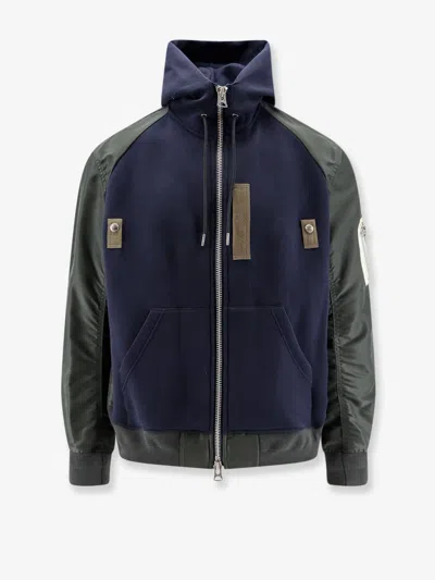 Sacai Cotton Blend Sweatshirt With Nylon Sleeves In Blue