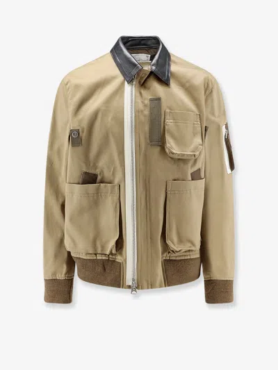 Sacai Cotton Chino Jacket With Faux Leather Collar In Neutral