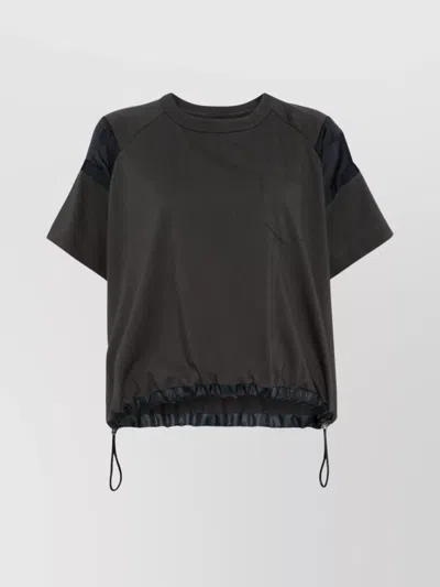 Sacai Cotton Crew Neck T-shirt With Drawstring Hem In Black