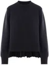Sacai Cotton Blend Crew Neck Pullover With Pleated Back In Black