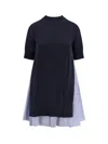 Sacai Cotton Dress With Fabric Inserts In Blue