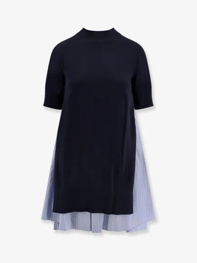 Sacai Cotton Dress With Fabric Inserts In Blue
