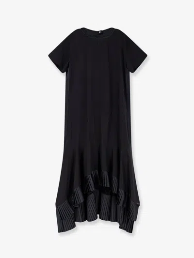 Sacai Cotton Dress With Pleated Details In Black