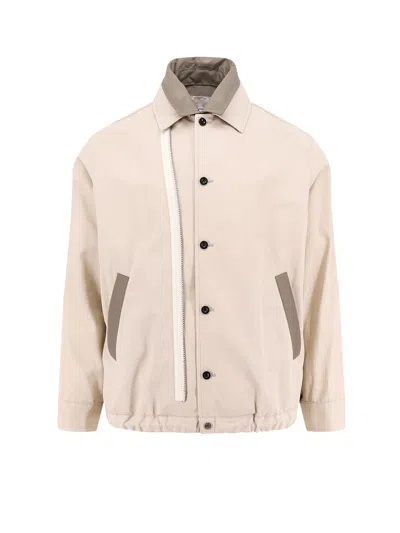 Sacai Cotton Jacket With Nylon Profiles And Zip Detail In Beige