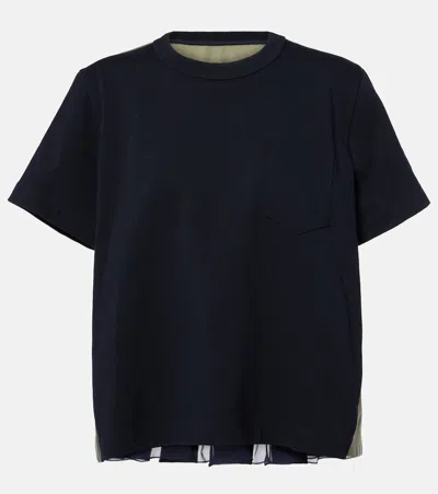 Sacai Cotton Jersey And Twill T-shirt In Navy×khaki