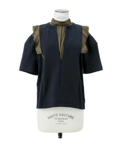 Sacai Cotton Jersey X Satin T-shirt In Navy/khaki