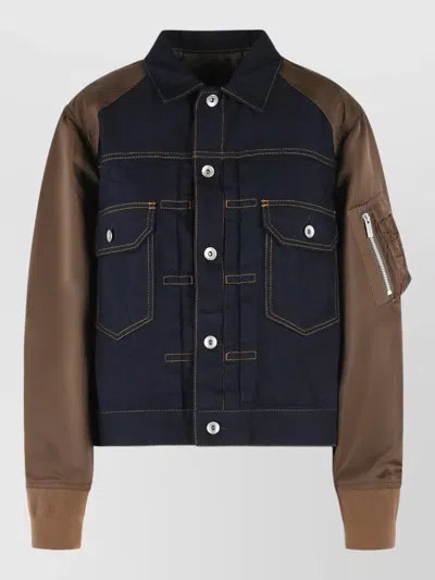 Sacai Navy And Brown Cotton-polyester Jacket With Denim Front Panel In Blue