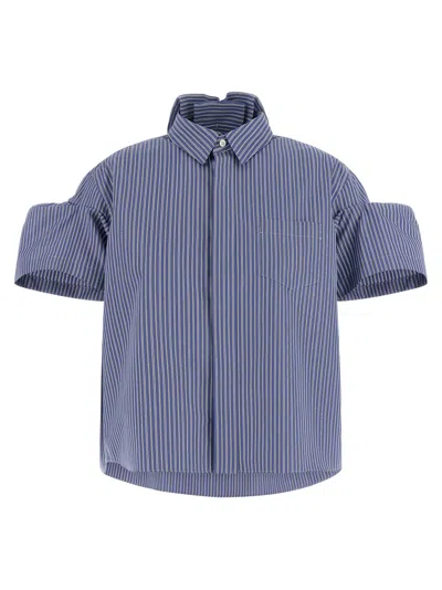 Sacai Cotton Poplin Striped Shirt With Asymmetrical Hem In Blue