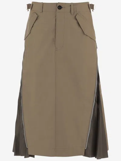 Sacai Cotton Side-zip Skirt In Brown