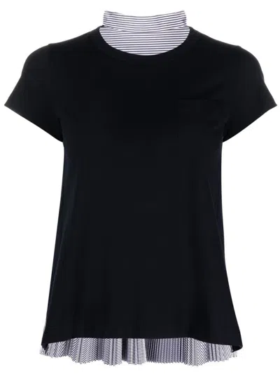 Sacai Pleated Paneled Cotton-jersey And Striped Poplin T-shirt In Blue