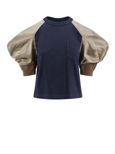 Sacai Cotton T-shirt With Nylon Short Sleeve In Blue