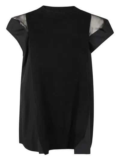 Sacai Sheer Sleeve Contrast Fabric Ribbed Neckline In Black