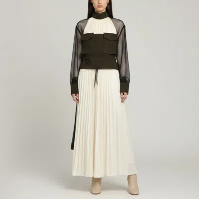 Pre-owned Sacai Cream/blue Tulle/satin And Wool Drawstring Maxi Dress Os In White