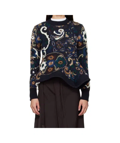 Sacai Floral Jacquard Knit Sweater In Blue