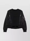 Sacai Crewneck Sweater With Satin Panels And Zip Pocket In Black