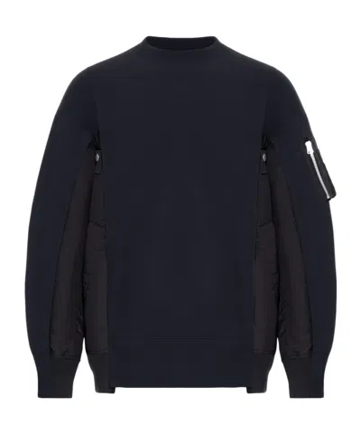 Sacai Cotton Blend Sweatshirt With Nylon Details Applied In Blue