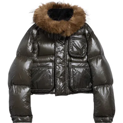 Sacai Crop Down Hooded Puffer In Khaki