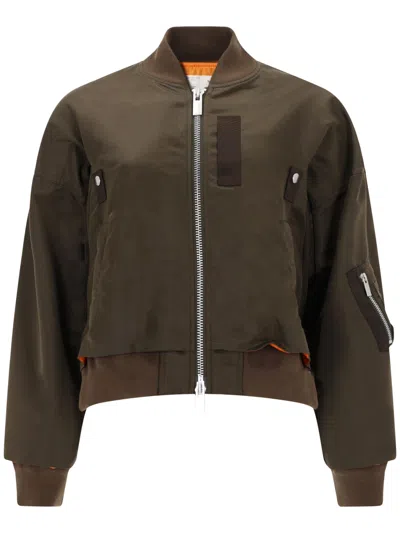 Sacai Cropped Bomber Jacket In Brown