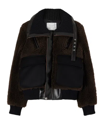 Sacai Cropped Shearling-effect Jacket In Multi