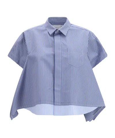 Sacai Cropped Striped Poplin Shirt In Blue