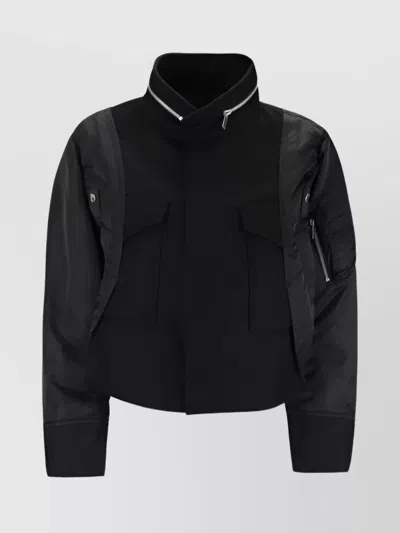 SACAI CROPPED WOOL JACKET HIGH COLLAR