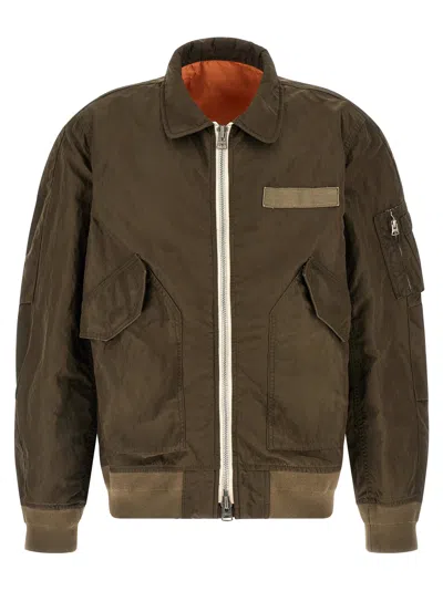 Sacai Crumpled Nylon Jacket Puffer Jackets Green In Brown