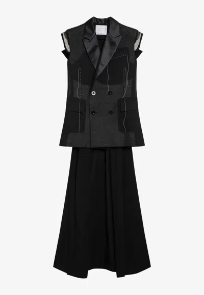 Sacai Deconstructed Long Wool Organza Vest In Black